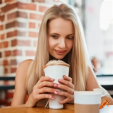 Blonde Woman Enjoying Iced Coffee On Craiyon