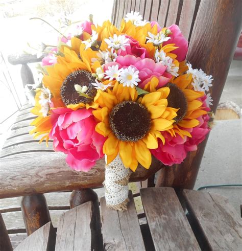 Sunflower And Pink Peony Silk Bridal Bouquet Rustic Wedding Etsy