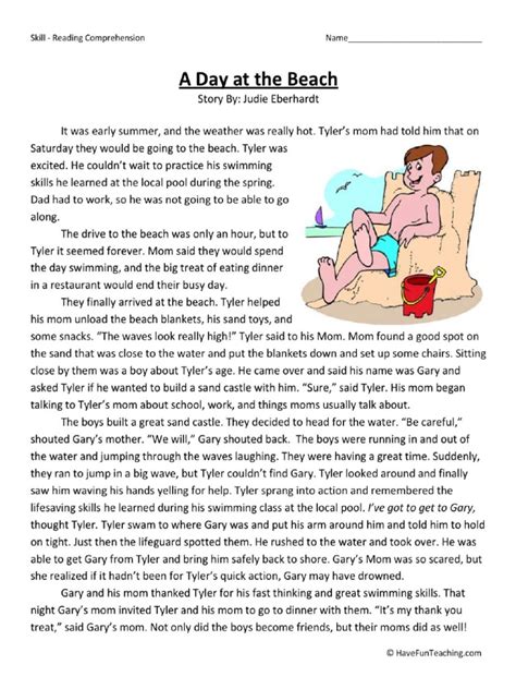 Free A Day at The Beach Third Grade Reading Comprehension Worksheet
