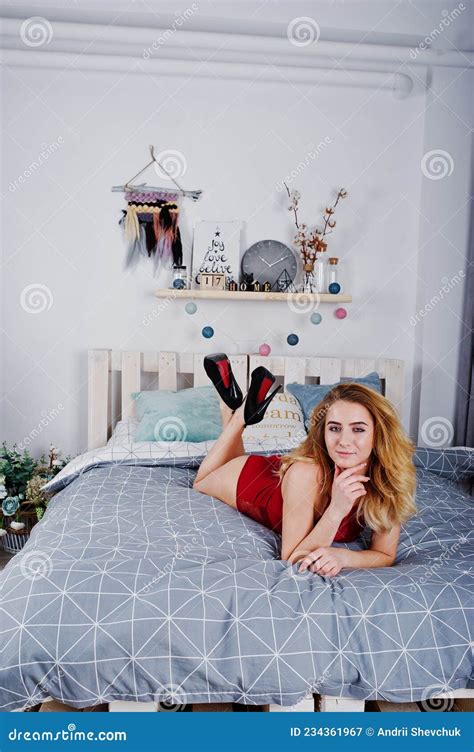 blonde model in red lingerie stock image image of adorable sexi 234361967