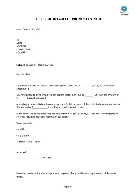 Put yourself in the receiving party's shoes. Letter Default Of Promissory Note | Templates at ...