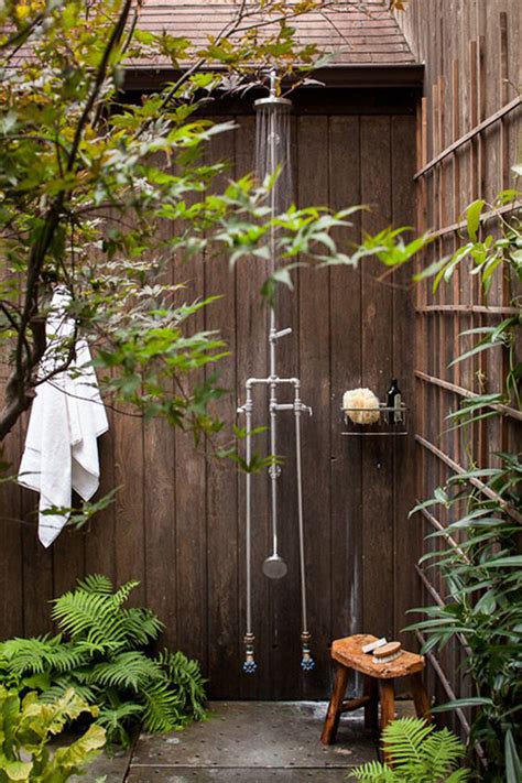 Tropical Outdoor Shower Ideas With Wooden Wall