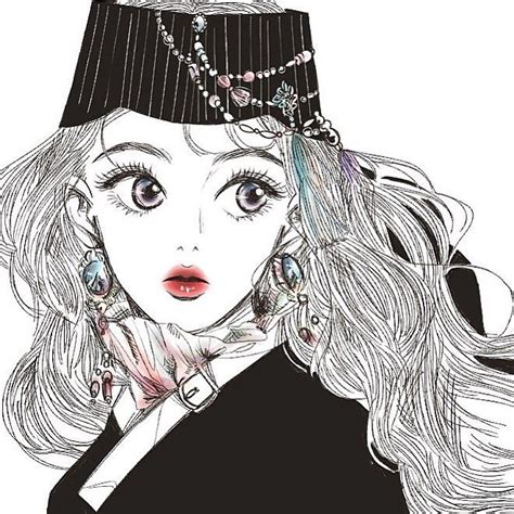 A Drawing Of A Woman With Long Hair Wearing A Black Hat And Pearls On