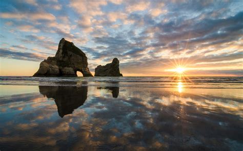 Nature Landscape Lens Flare Sunset Clouds Reflection Water Rock