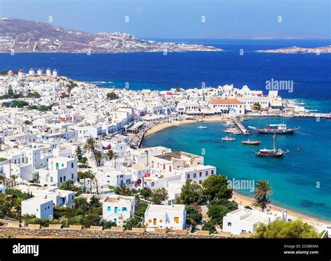Mykonos Town And Old Harbour Elevated View Mykonos Cyclades Islands