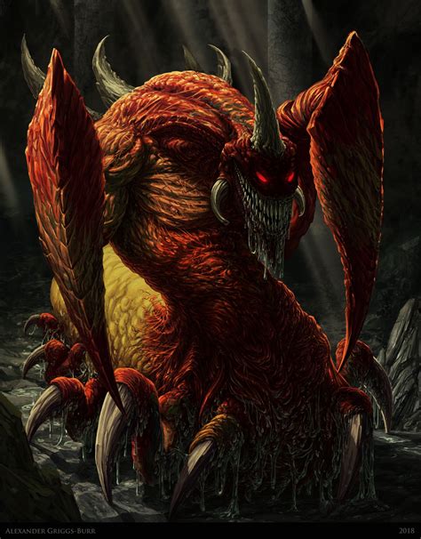 A Red And Yellow Monster With Horns On Its Head Sitting In The Water