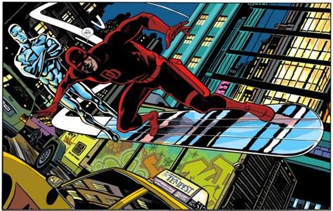 Daredevil rides the Silver Surfer's board, as seen in Daredevil #30 by