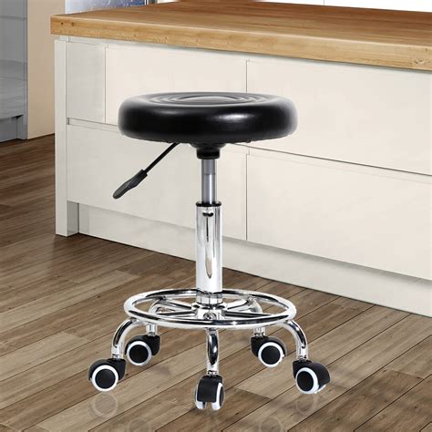 Round Leather Swivel Stool, Adjustable Stool with Wheels, Desk Stool 