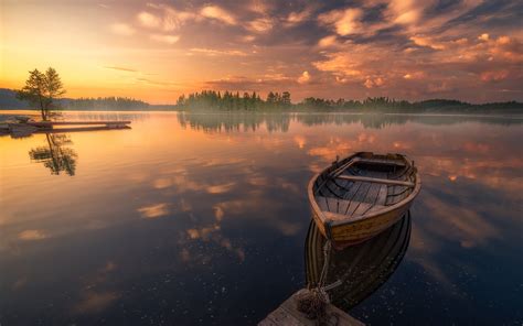 Sunset Reflection Boat In Peaceful Lake Lake Ringerike