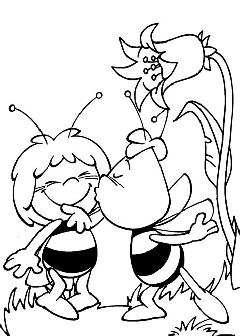This little bee has a cute smile on his face. Maya the bee coloring pages for kids kiss, printable free ...