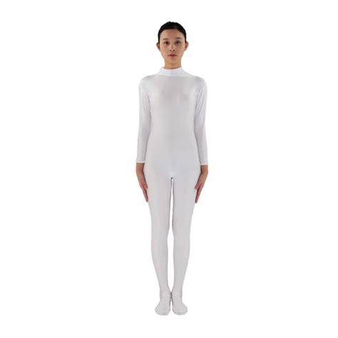 White Adult Spandex Lycra Bodysuit Zentai Womens Skin Tight Unitard Turtleneck Long Sleeve
