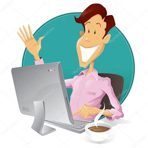 Happy Man With Computer Coffee And Waving Hand — Stock Vector