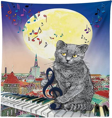 vipsung city decor tablecloth musical notes cat with the keyboard on rooftops in