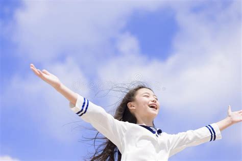 Excited And Happy Student Girl With Her Hands Up Stock Image Image Of