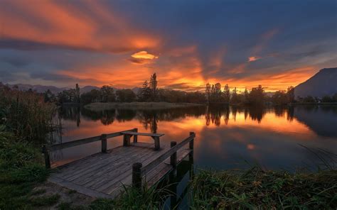 Nature Landscape Lake Clouds Dock Trees Sky Sunrise