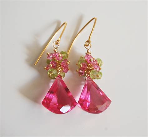 Gemstone Pink Rubelite Corundum Dangle Earrings Peridot Pink Quartz