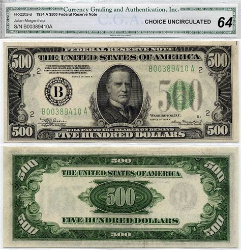 1934 A 500 Federal Reserve Note Cga Graded Cu64 Five Hundred Dollar Bill