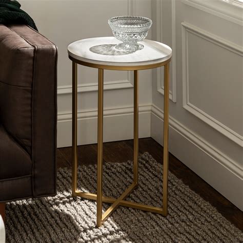 Tea table end table for office coffee table wood square marble magazine shelf small desk movable bedroom living room furniture. 16" Modern Round White Faux-Marble End Table with Gold Base - AF16ALSTMGD