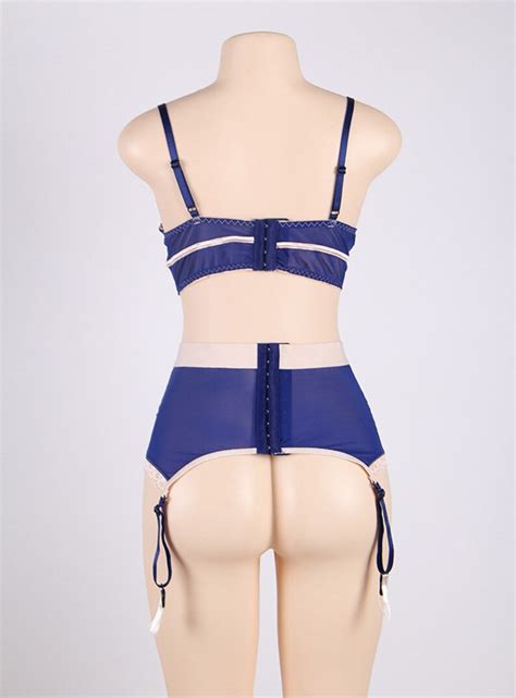 Blue Bra Deep Suspender Belt And Panties Set With Beige Lace Etsy