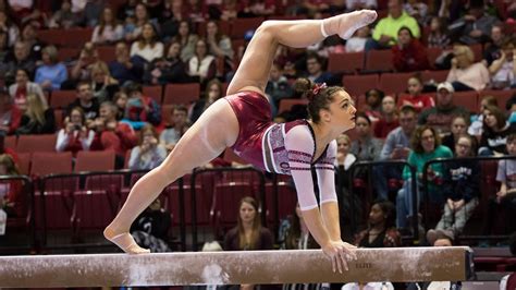 Maggie Nichols On Balance Beam Oklahoma Womens Gymnastics Gymnastics Hair Female Gymnast