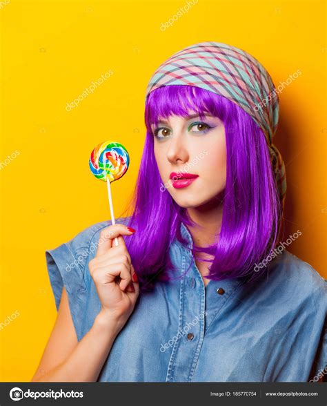 Young Girl Purple Hair Lollipop Yellow Background Stock Photo By