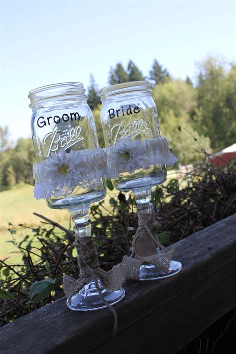 Mason Jar Wine Glasses For The Bride And Groom Mason Jar Wedding