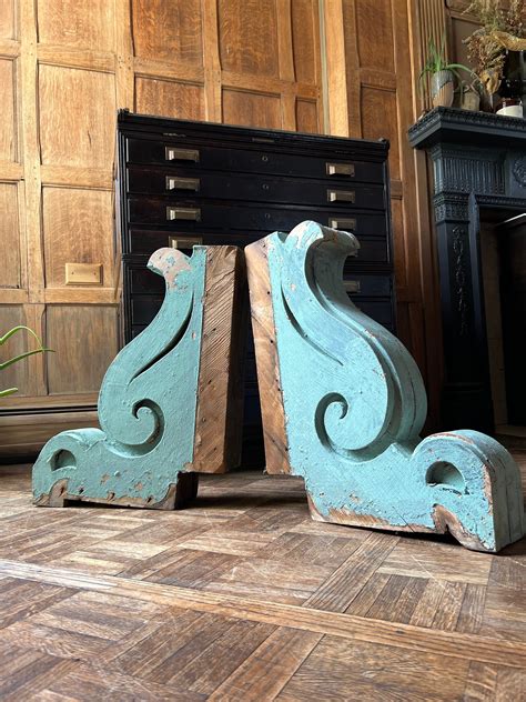 Pair Of Antique Wood Corbels Large Blue Painted Corbels Architectural