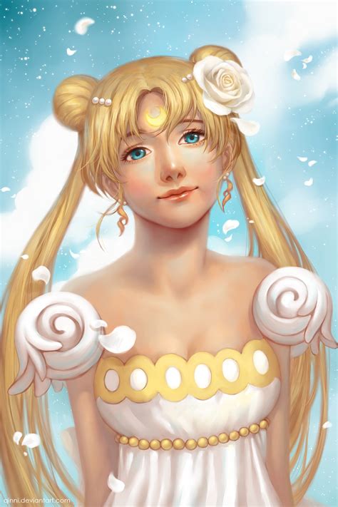 Anime Series Bishoujo Senshi Sailor Moon Blonde Girl Long Hair White Dress Petals Beautiful