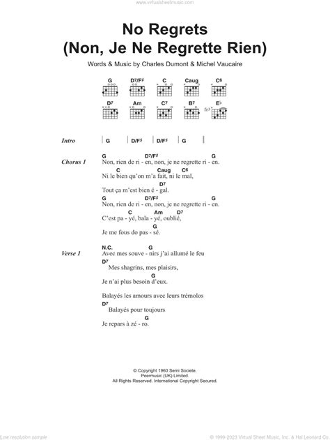 piaf no regrets non je ne regrette rien sheet music for guitar chords