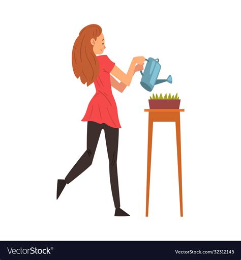 Girl Watering Plants With Watering Can Smiling Vector Image