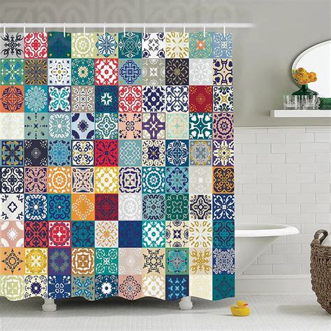 Moroccan Decor Shower Curtain Set Mega Patchwork Pattern With Different