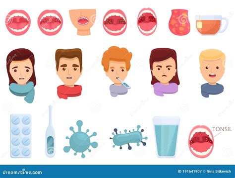 Tonsillitis Icons Set Cartoon Style Stock Vector Illustration Of