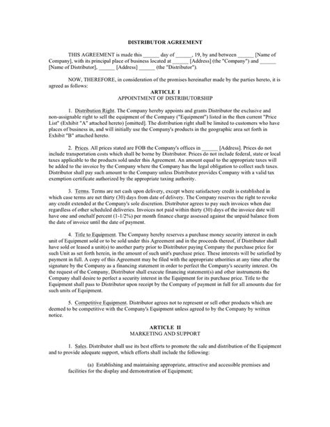 Distributor Agreement Template In Word And Pdf Formats