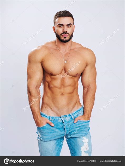 Shirtless Muscular Guy Blue Jeans Male Model Pants Studio Sexy Stock