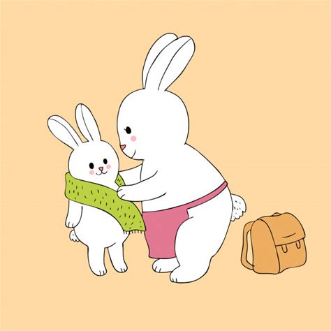 Cartoon Cute Mom And Baby Rabbits Wearing Scarf Premium