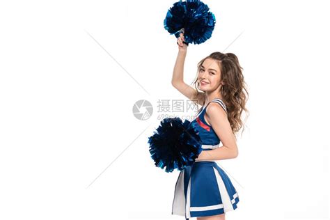 穿着蓝制服的啦队快乐女孩与波蓬舞跳孤立在白色高清图片下载 正版图片504024382 摄图网