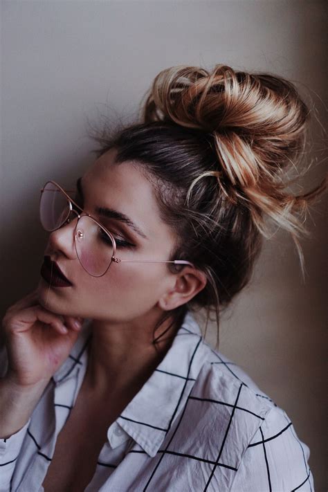 Messy Bun Hairstyle And Glasses Dark Lip Makeup Cute Messy Hairstyles
