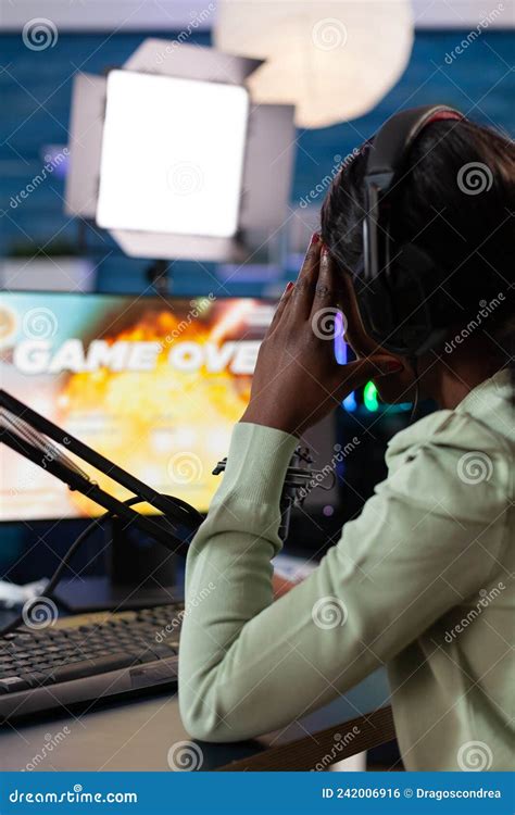 African American Woman Gamer Losing Online Videogames Stock Photo