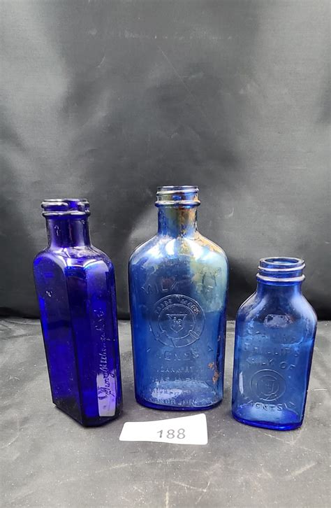 Three Vintage Cobalt Blue Glass Milk Of Magnesia Bottles