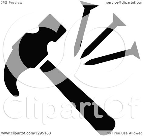 Clipart Of A Black Silhouetted Hammer And Nails Royalty Free Vector