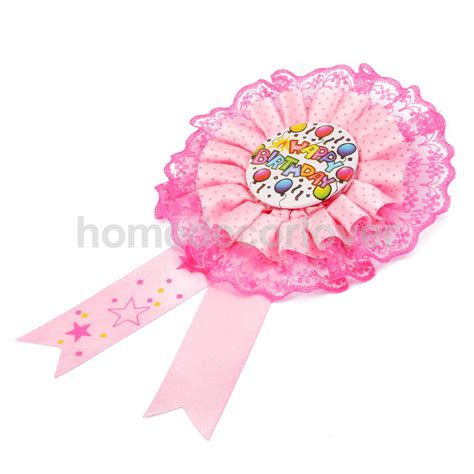Pink Happy Birthday Award Ribbon Rosette Badge Girl Baby Shower Party