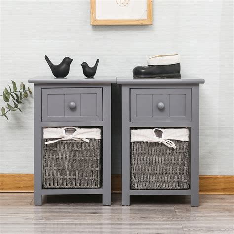 High Quality Grey Bedside Table Wicker Basket Drawers Wooden Side Table