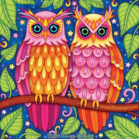 Colorful Owl Art By Thaneeya Mcardle Cute Whimsical Detailed Owls