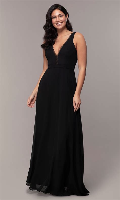 Simple Long V Neck Black Formal Dress Promgirl