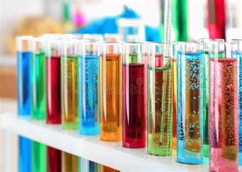 Many Test Tubes With Colorful Liquids Closeup Stock Image Image Of