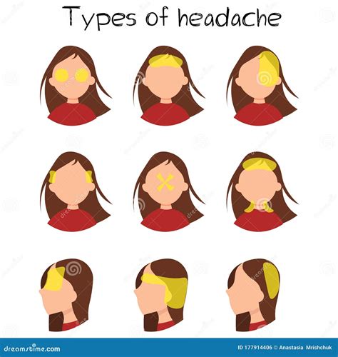 Set Types Of Headache On A White Background Vector Illustration Stock
