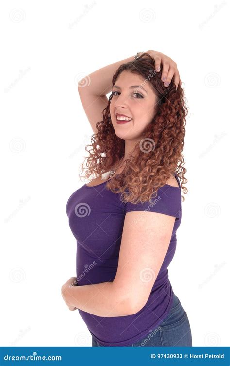 curvy woman standing in profile and smiling stock image image of happy lady 97430933