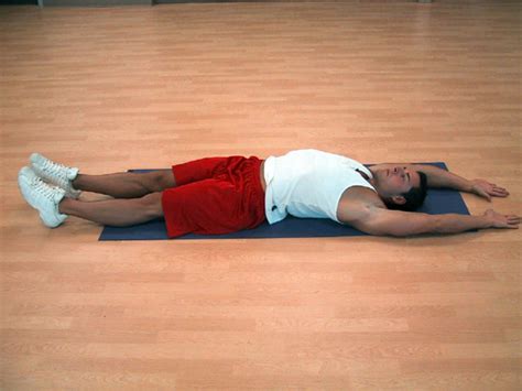 Push torso up keeping pelvis on floor. ExRx.net : Lying (supine) Abdominal Stretch