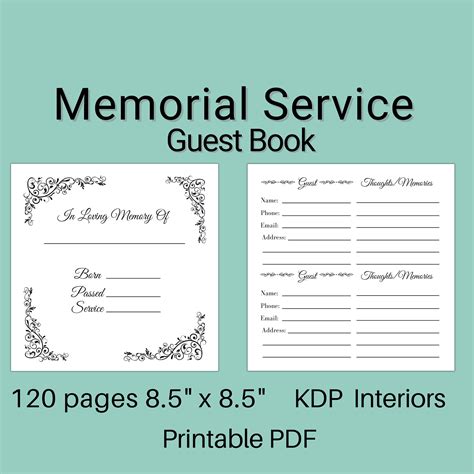 Funeral Memorial Template 85 X 85 Inches 120 Page Printable Pdf File