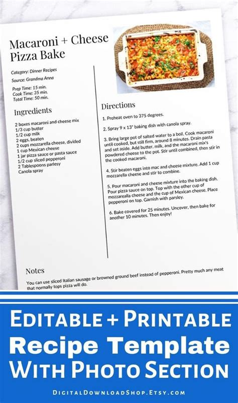 Recipe Template With Photo Printable Editable Recipe Etsy In 2021